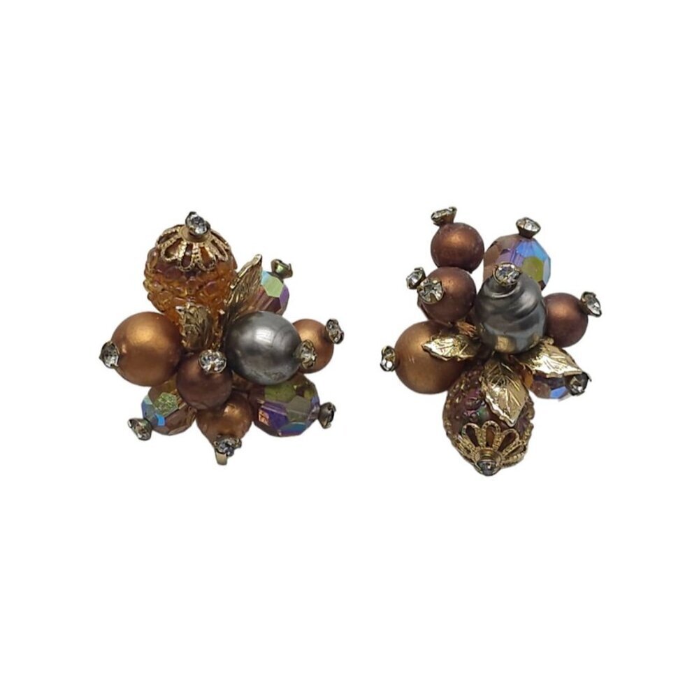 Vendome Brown Silver Cluster Bead Earrings Screw Back Closure Gold Tone VTG